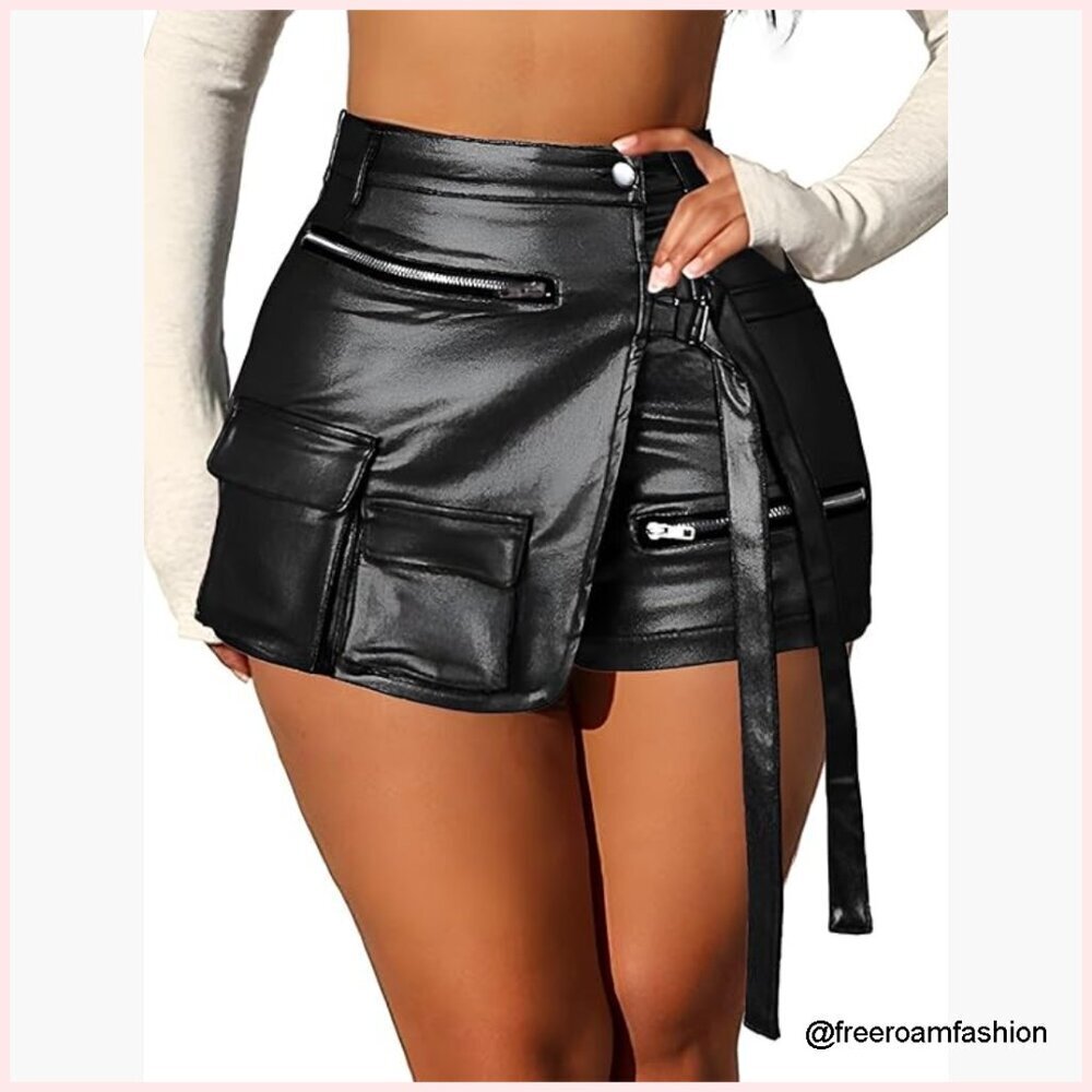 Faux Leather High Waisted Cargo Skort with Pockets, Asymmetrical Hem